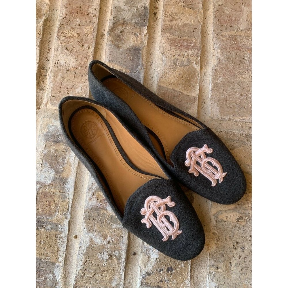 Tory Burch wool smoking slippers embroidered dark gray size 6M flats